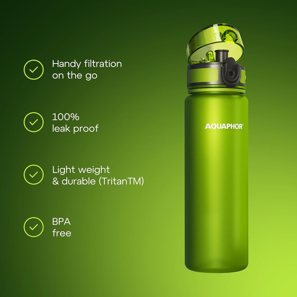 AQUAPHOR City Water Filter Bottle 17 oz | Reusable & Portable Filtered Water Bottle | BPA-Free | Perfect for Camping, Travel, Indoor & Outdoor Use | Green