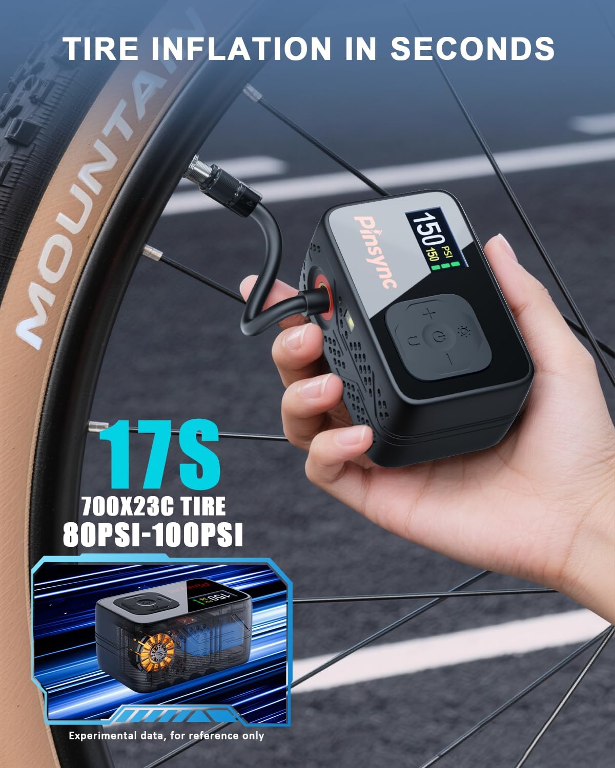 Mini Electric Bike Pump, 150PSI 17S Inflate, Auto Stop