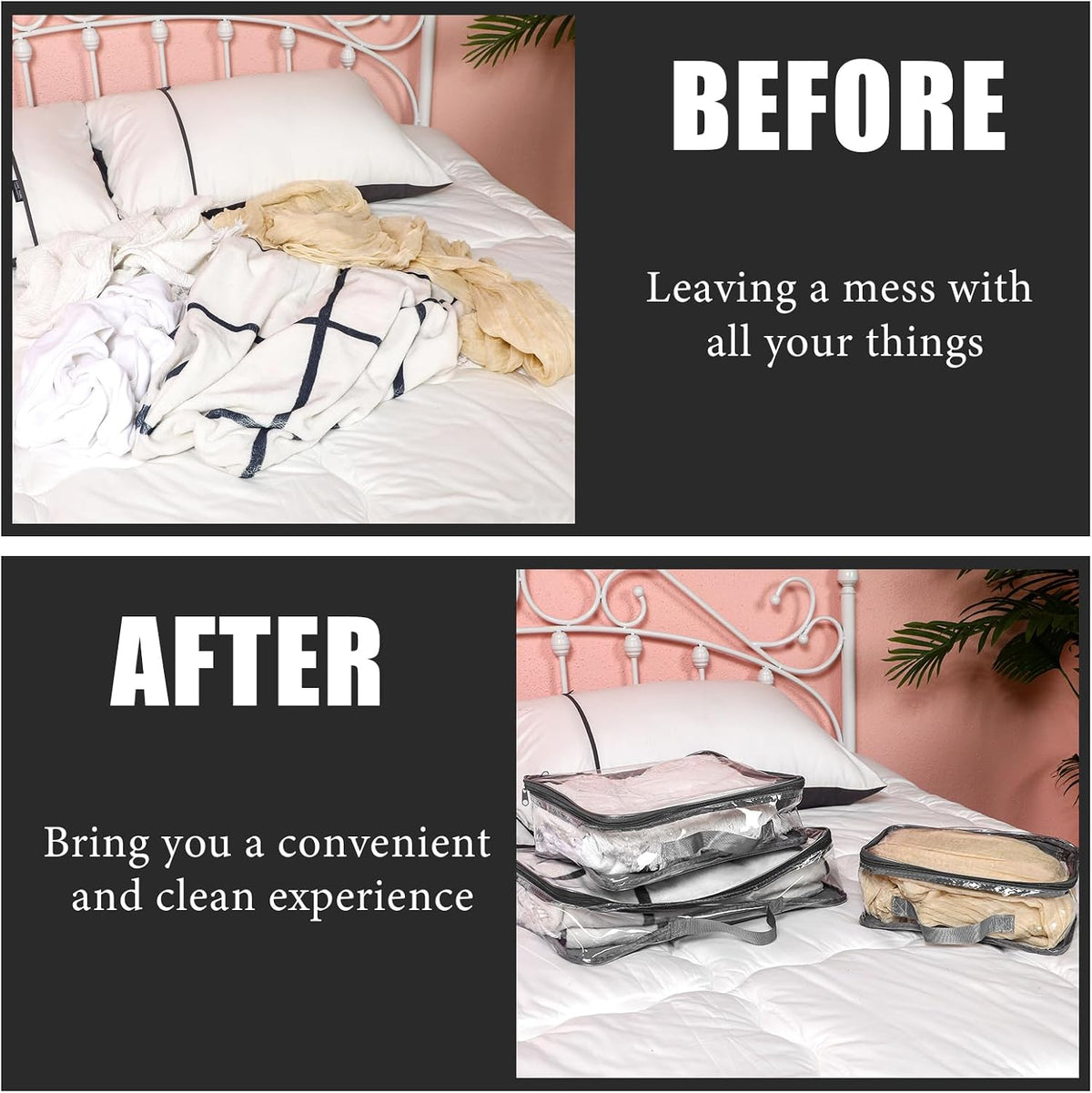 Hillban 6 Pcs Large Clear Packing Cubes for Travel, 3 Sizes PVC Bags, Gray