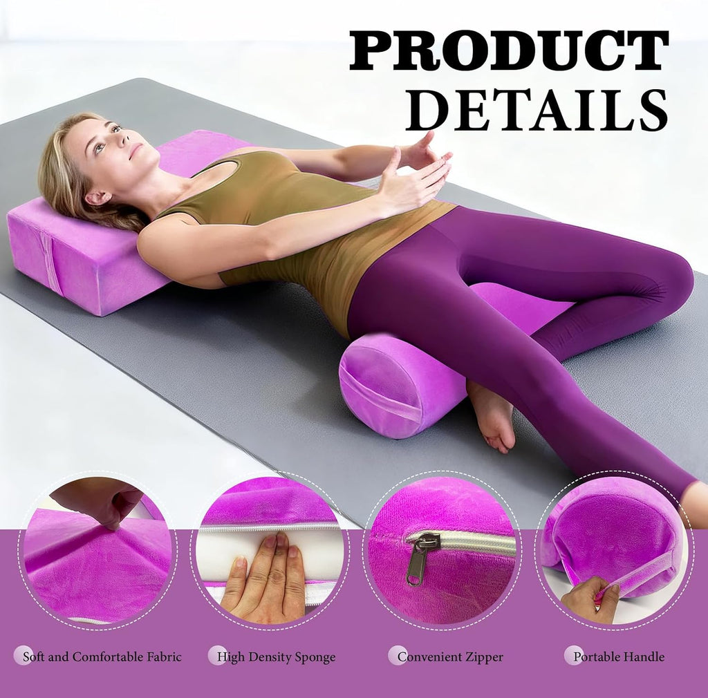 JZHLLA 2 PCS Yoga Bolster Pillow Set Washable Velvet Cover Meditation Bolster with High Density Foam and Carry Handle Rectangular and Cylinder Bolsters for Restorative Yoga