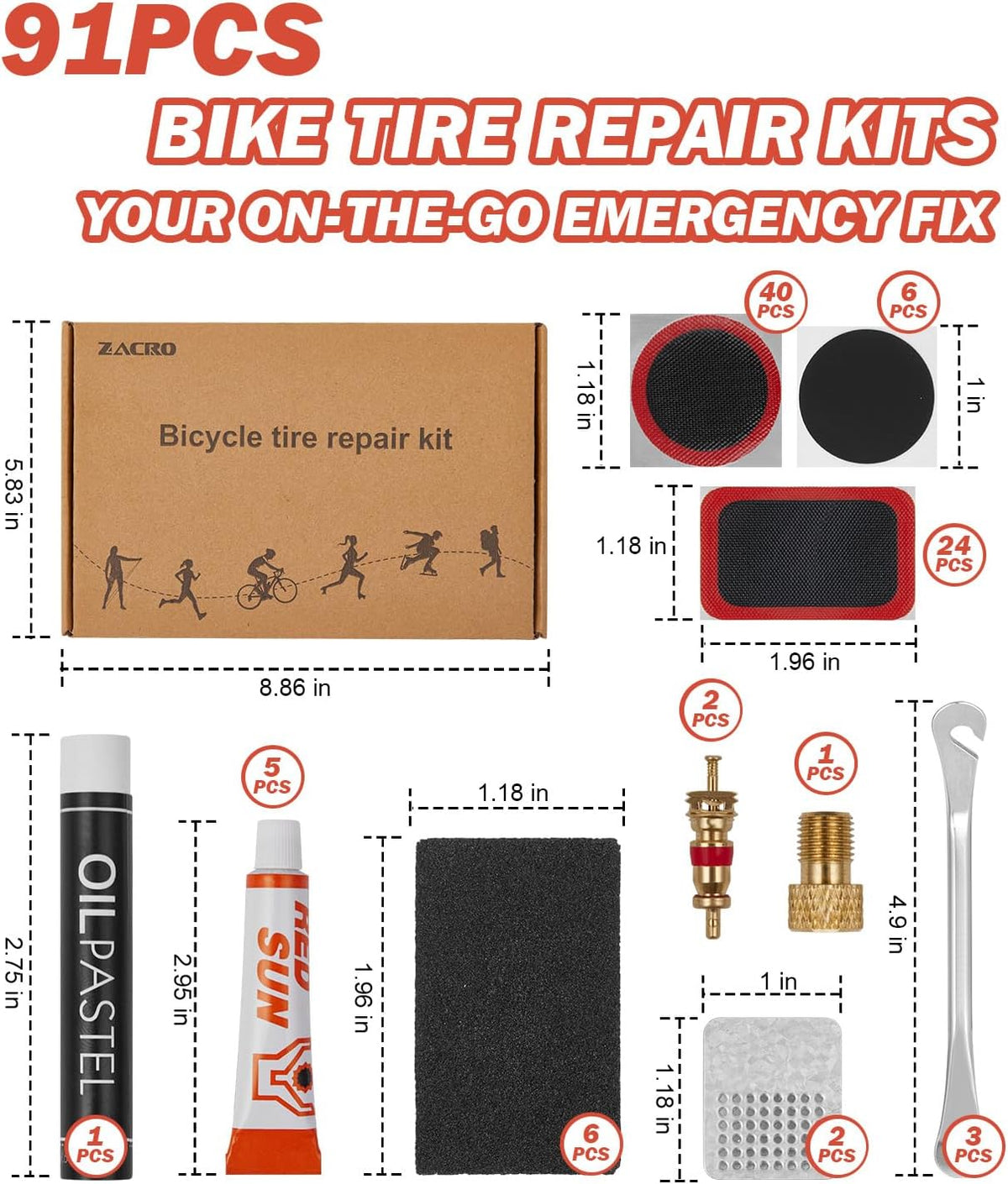 Zacro Bike Tire Repair Kit 91 PCS Vulcanizing Glue Stainless Tire Levers