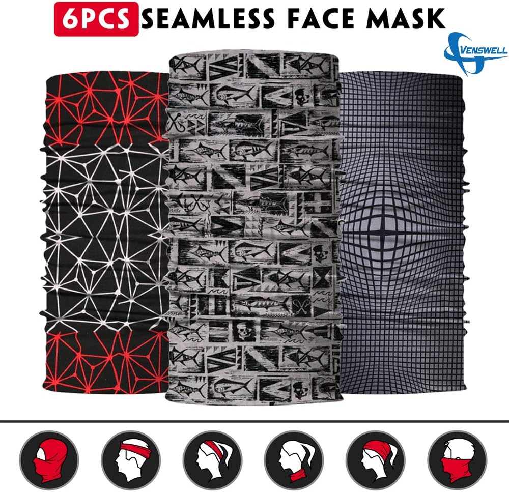 Venswell Neck Gaiter Face Mask Men Women,Seamless Bandana Rave Face Cover Scarf Mask,Balaclava,Headband, Head Wrap,Headwear