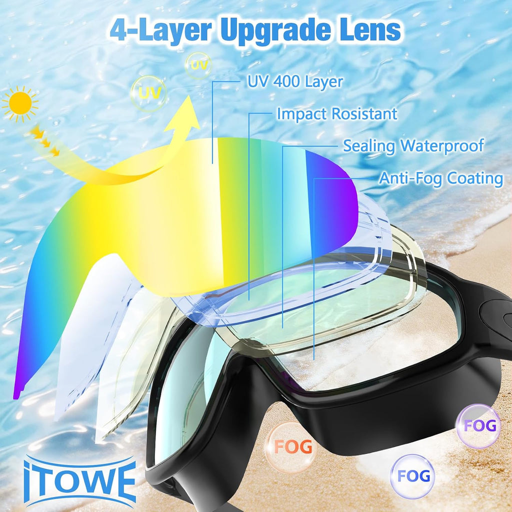 Swim Goggles for Adult Youth, Clear Wide View Anti-Fog UV No Leak