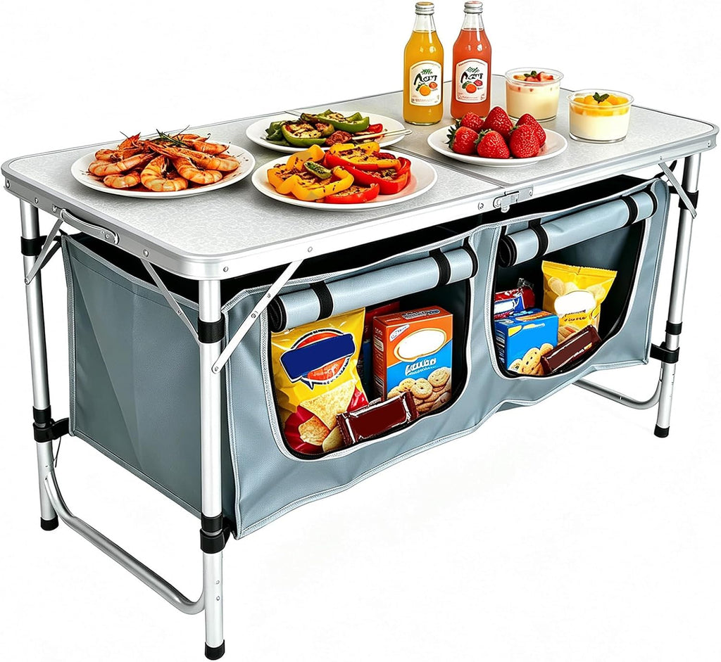Folding Camping Kitchen Table, Outdoor Cooking Table with Storage