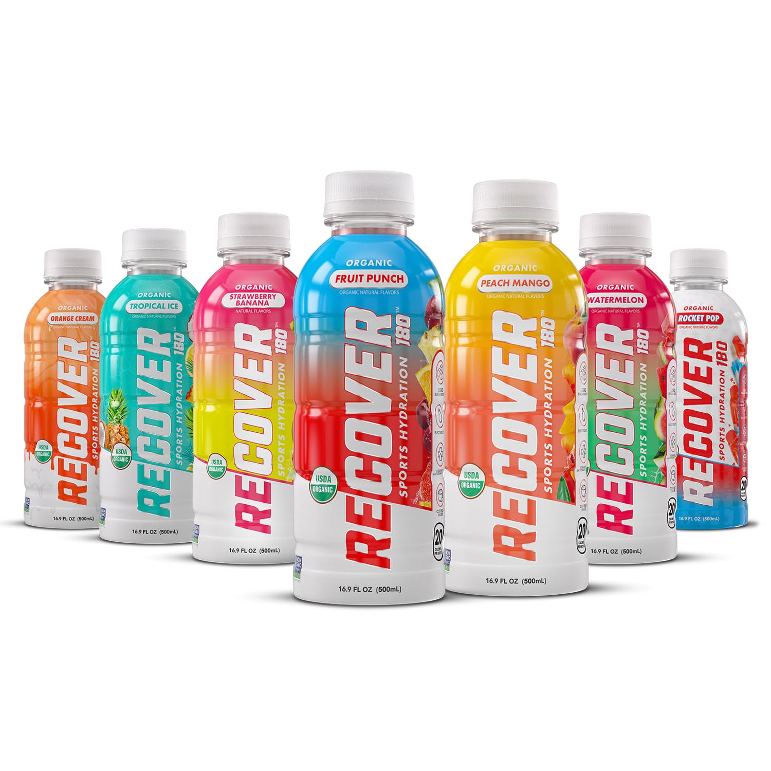 RECOVER 180 Organic Sports Hydration Drink, No Sugar Added, 20 Calorie Sports Beverage, Organic Flavors With Vitamins, Potassium-Packed Electrolytes (16.9 Fl Oz (Pack of 12), Watermelon)