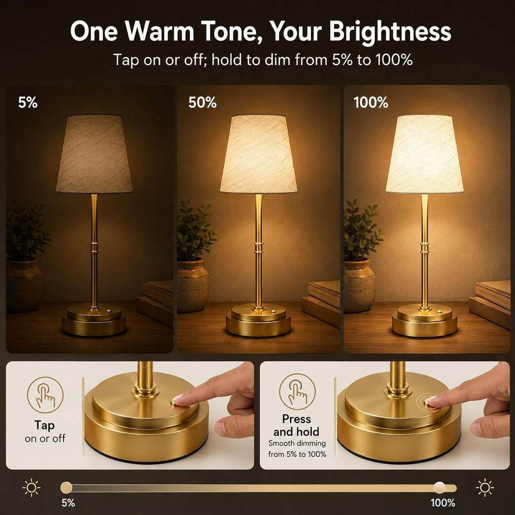 Rechargeable Cordless Table Lamp, Nightstand to End Table,Gold,1 Pack