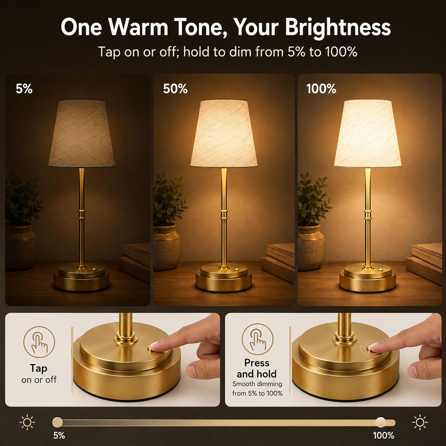Rechargeable Cordless Table Lamp, Nightstand to End Table,Gold,1 Pack