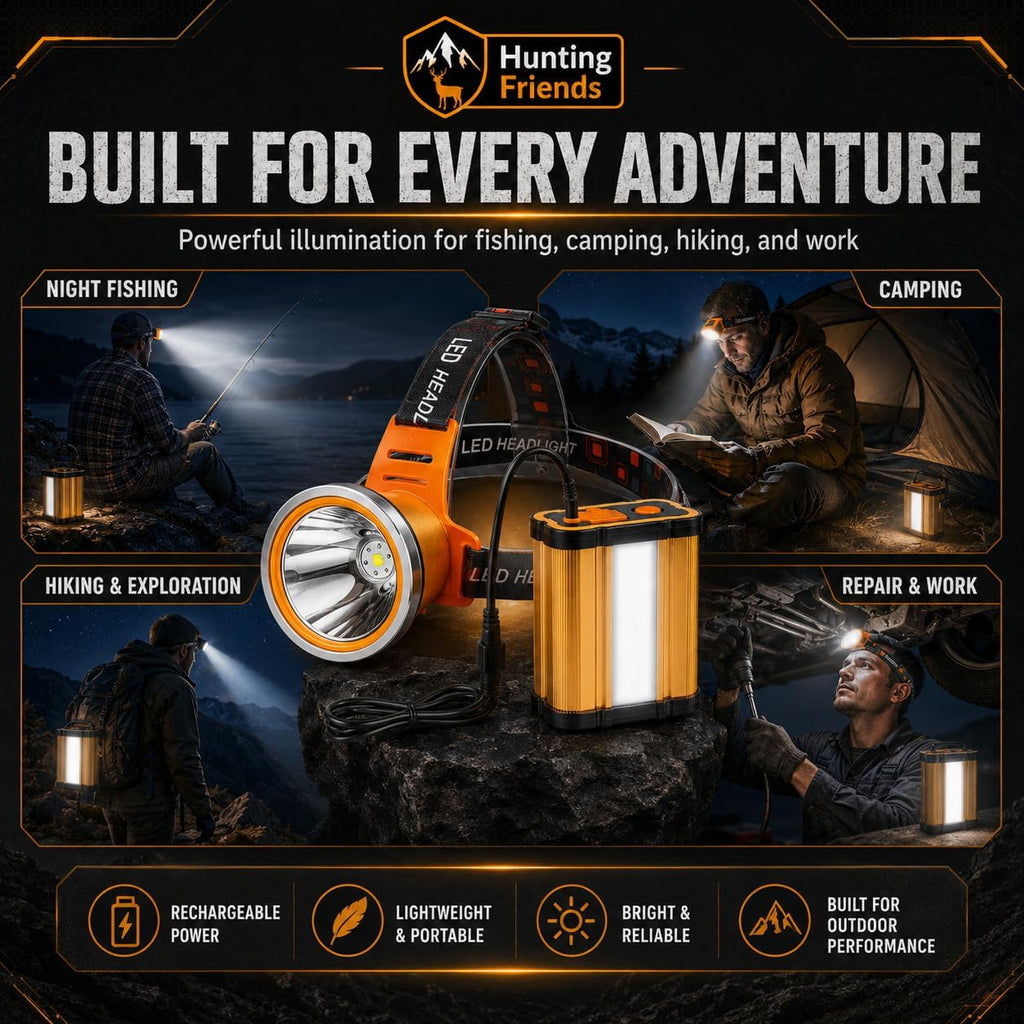 Super Bright Rechargeable LED Headlamp – High Power Waterproof Portable Head Flashlight, 3 Adjustable Lighting Modes, Ideal for Camping, Hiking, Hunting, Fishing, Emergency & Outdoor Activities
