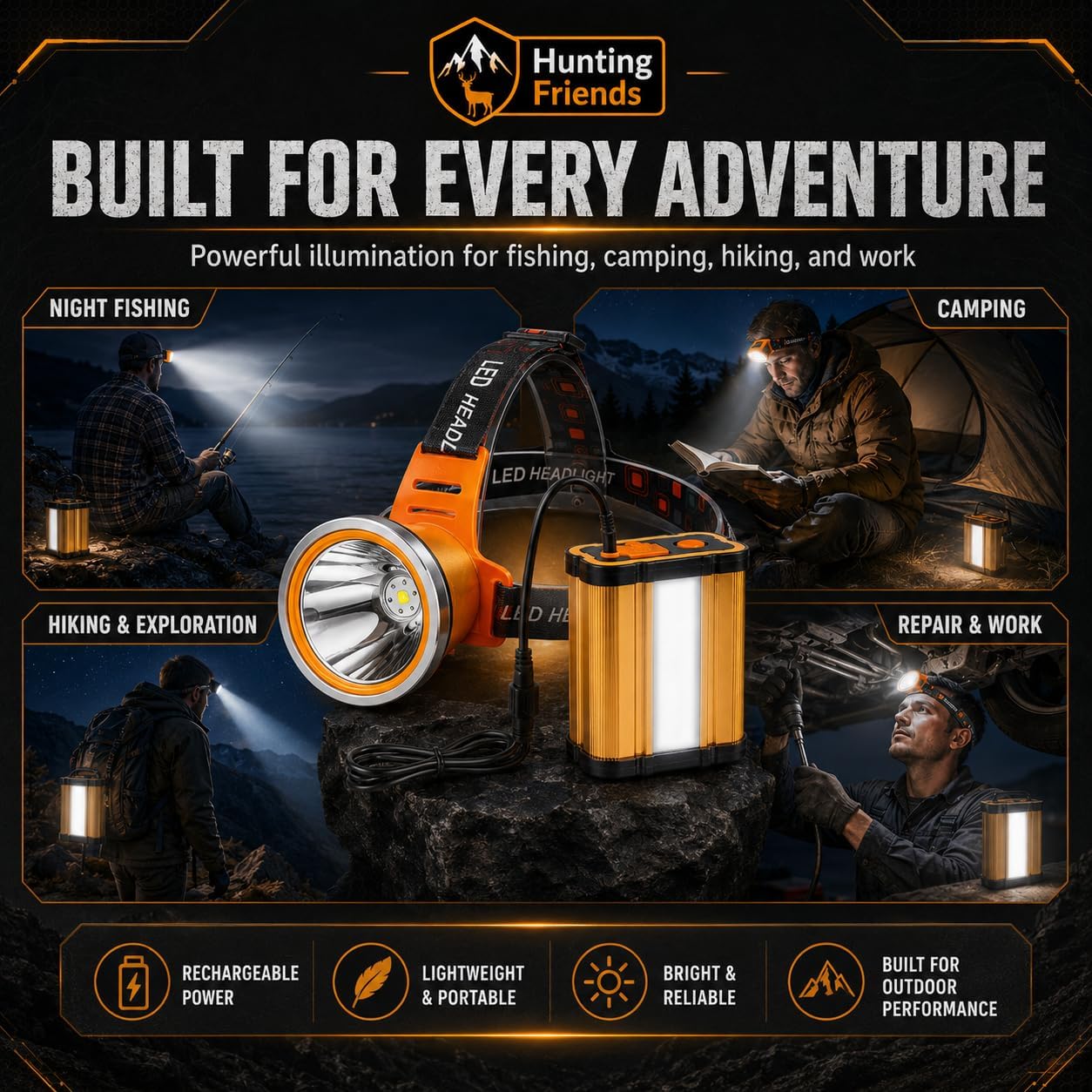 Super Bright Rechargeable LED Headlamp – High Power Waterproof Portable Head Flashlight, 3 Adjustable Lighting Modes, Ideal for Camping, Hiking, Hunting, Fishing, Emergency & Outdoor Activities