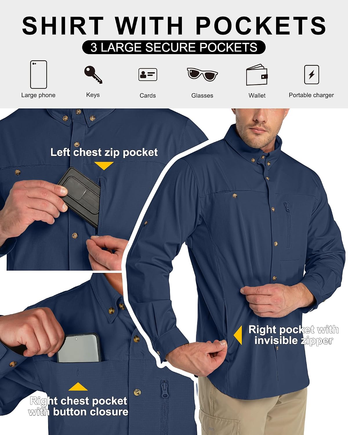 33,000ft Men's UPF 50+ UV Protection Long Sleeve Hiking Shirts Breathable Quick Dry Fishing Shirts for Safari, Outdoor