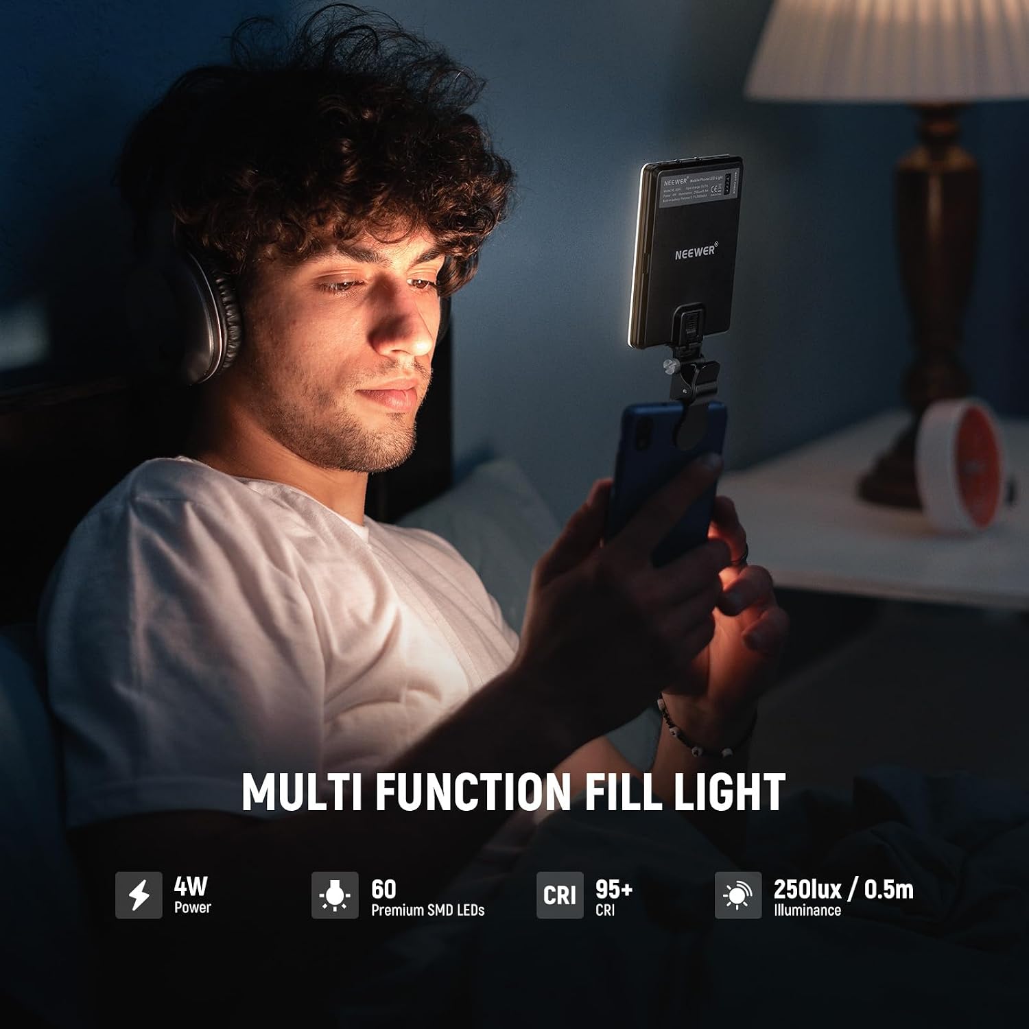 NEEWER Basics NL-60AI Selfie Light for Phone with Front & Back Clip, 60 LED 2000mAh Rechargeable CRI95+, 3 Modes, Portable Clip on Fill Lighting for Tablet Computer Laptop Zoom Call TikTok Video