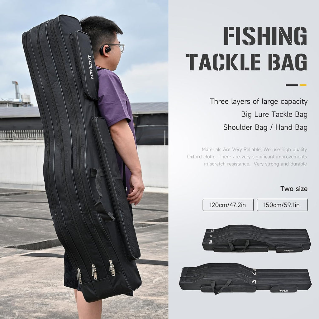 3 Layers Fishing Pole Bag,Portable 3 Layers Oxford Folding Rod Carry Case,Fishing Reel Tackle Storage Bag Case