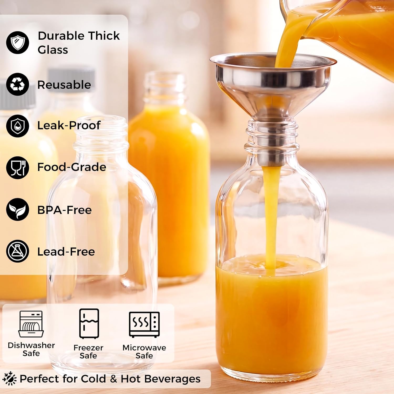 AOZITA 12 Pack, 2 oz Small Clear Glass Bottles w/Lid & 3 Funnels - 60ml Boston Shot Bottles for Health, Immunity, Potion, Wellness, Sample, Ginger, Juice - Mini Personal Care & Beauty Travel Bottle