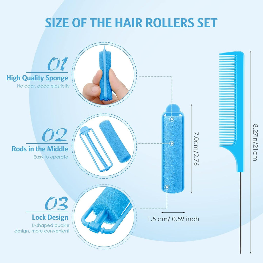 Syhood 43 Pcs Foam Sponge Hair Rollers Set Women, Tail Comb, Blue