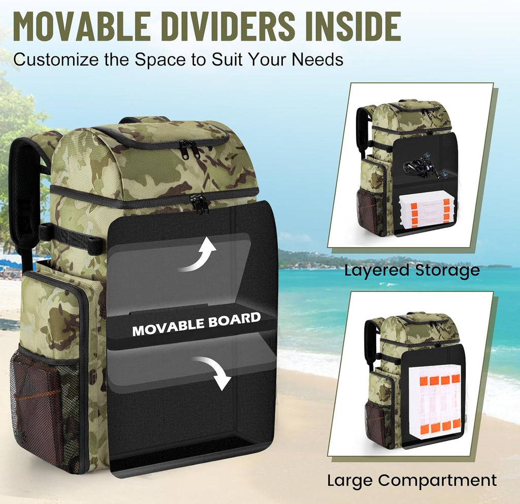 VJI 52L Large Fishing Tackle Backpack with Rod Holders, Green Camo