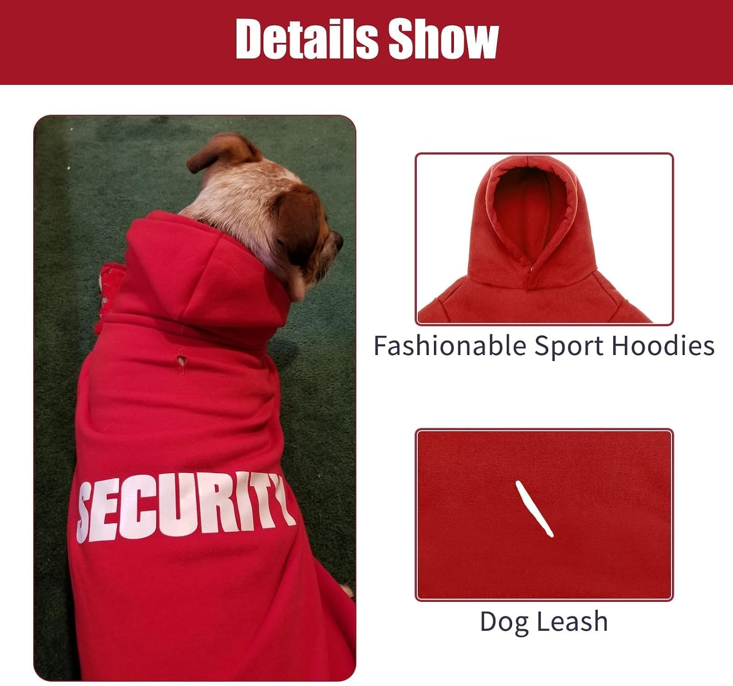 BINGPET Security Dog Hoodie, Pet Sweater Clothes with Leash Hole, Red