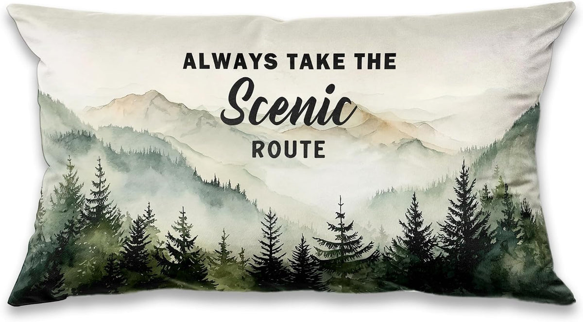 Camping Pillow Cover 12x20,Always Take The Scenic Route,Forest Green Mountain Woods Design,Decorative Rv Camper Pillows,Nature Lover Cottage Core Gifts