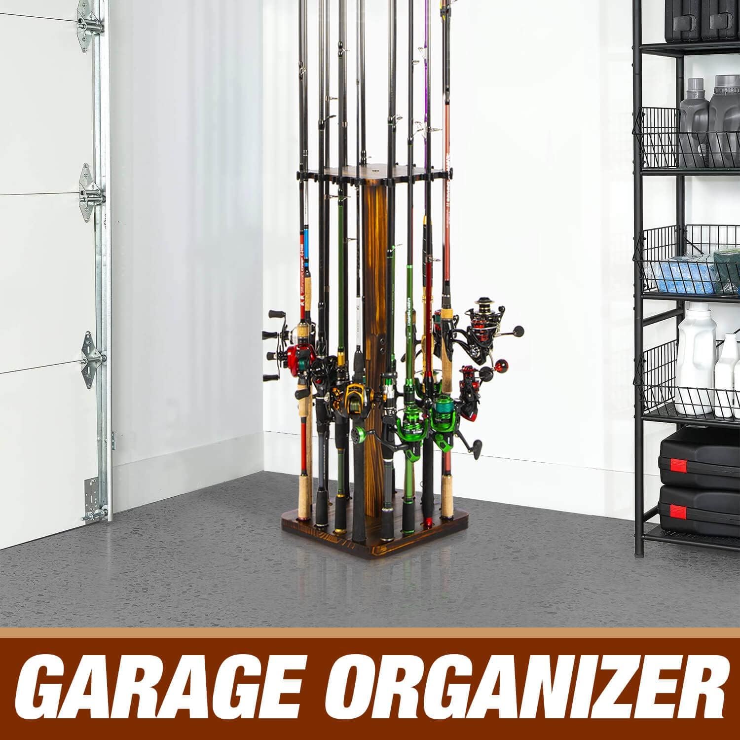 Ghosthorn Fishing Rod Holder for Garage,Wood Floor Pole Rack for Men Gift