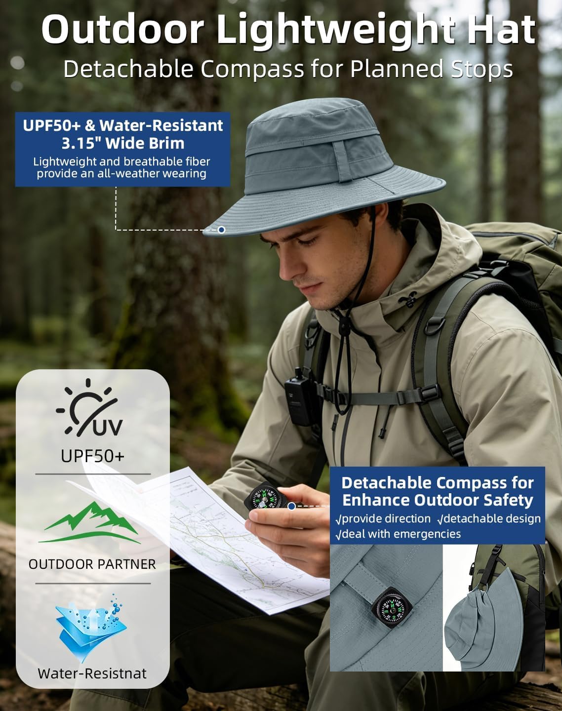 ZOORON Sun Hat for Men Women Detachable Compass, Boonie Hats UPF 50+ Fishing Hat, Lightweight Foldable Bucket Hats