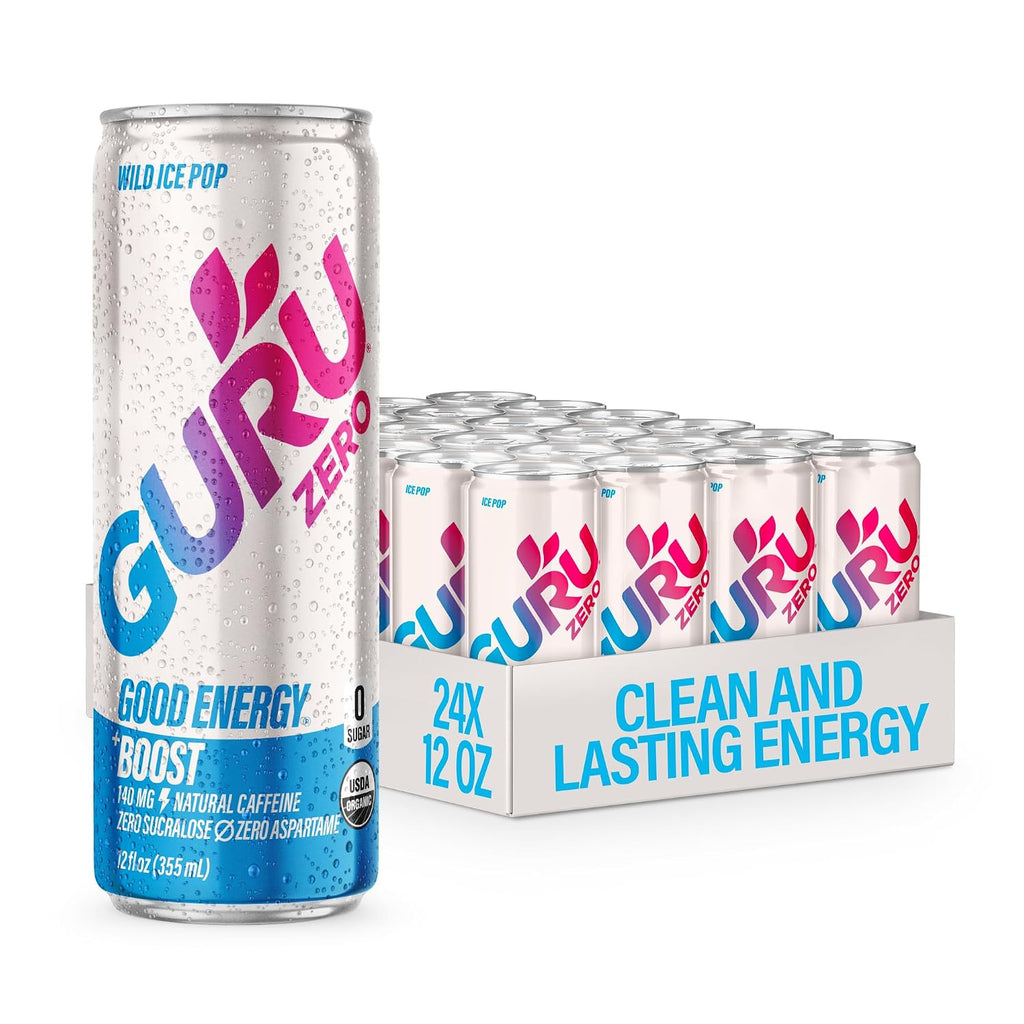 GURU Zero Sugar Organic Energy Drink, Ice Pop, 12 Fl Oz, 24 Pack