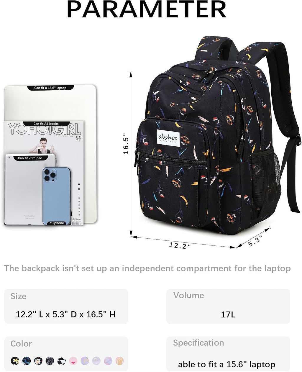 abshoo Classical Basic Floral Womens School Backpack For College Teen Girls Water Resistant Bookbag (Floral Black C)
