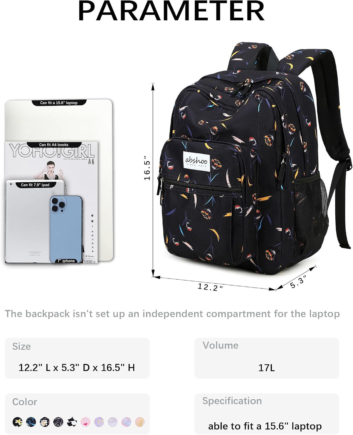 abshoo Classical Basic Floral Womens School Backpack For College Teen Girls Water Resistant Bookbag (Floral Black C)