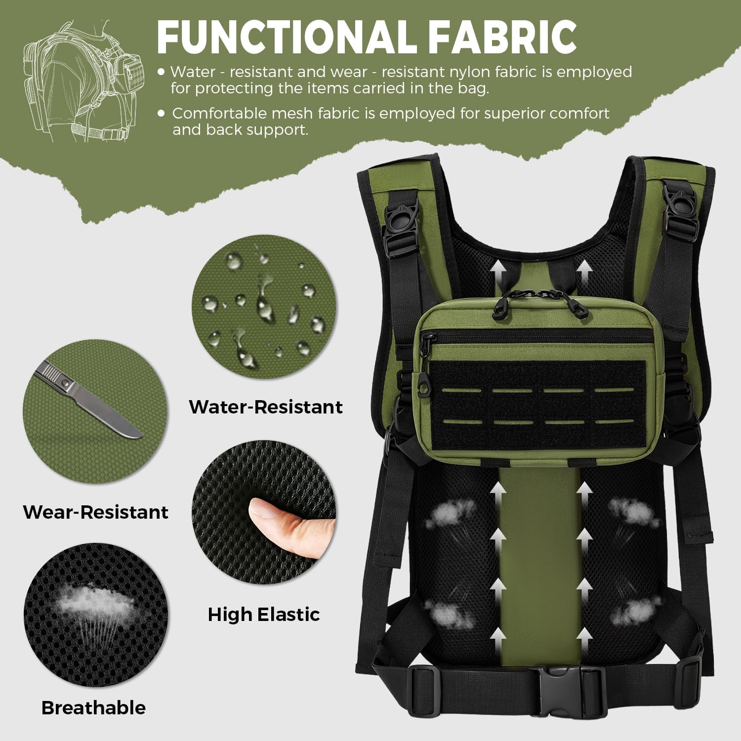 Koculemi Tactical Hydration Backpack with 2L Water Bladder and Front Small Tactical Pouch, Outdoor Water Backpack for Men Women, Sports Hydration Pack for Hiking, Cycling,Climbing