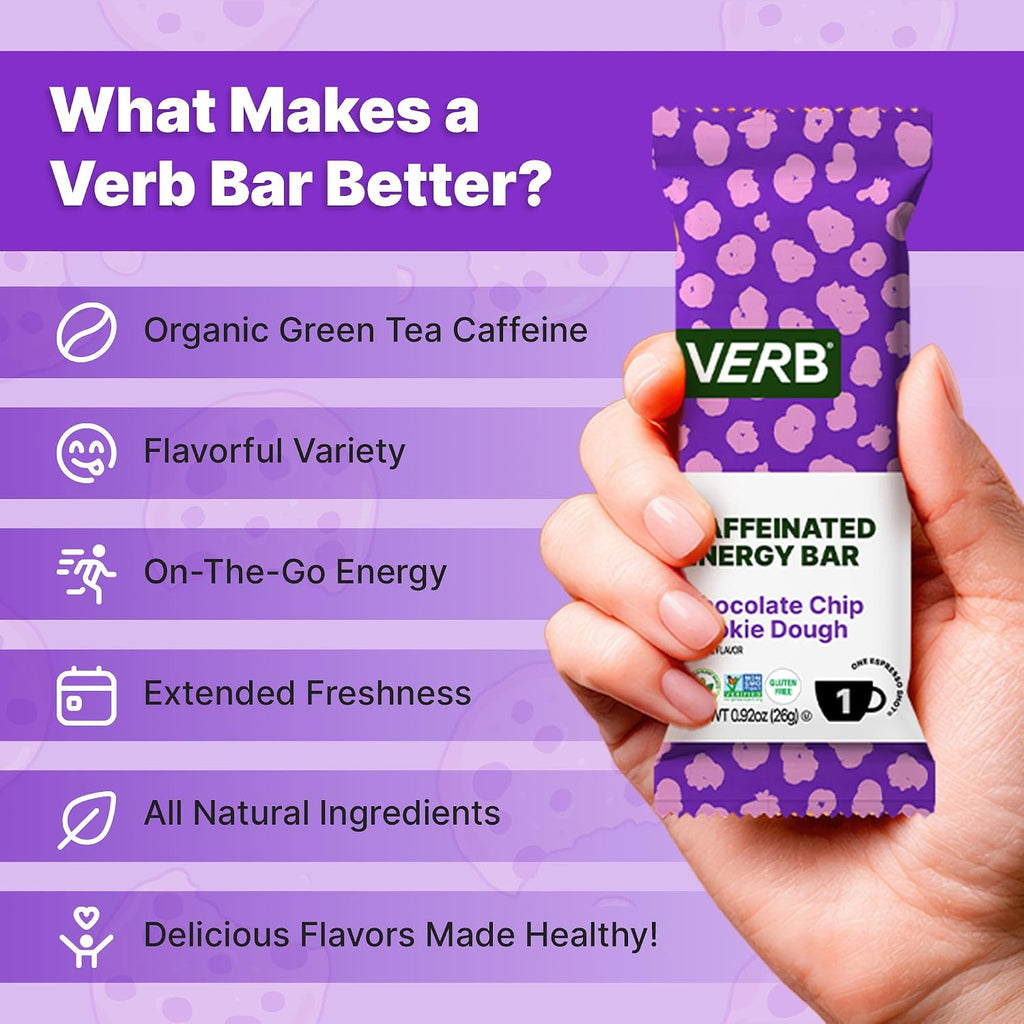 Verb Caffeinated Energy Bars Chocolate Chip Cookie Dough (26g, Pack of 16)