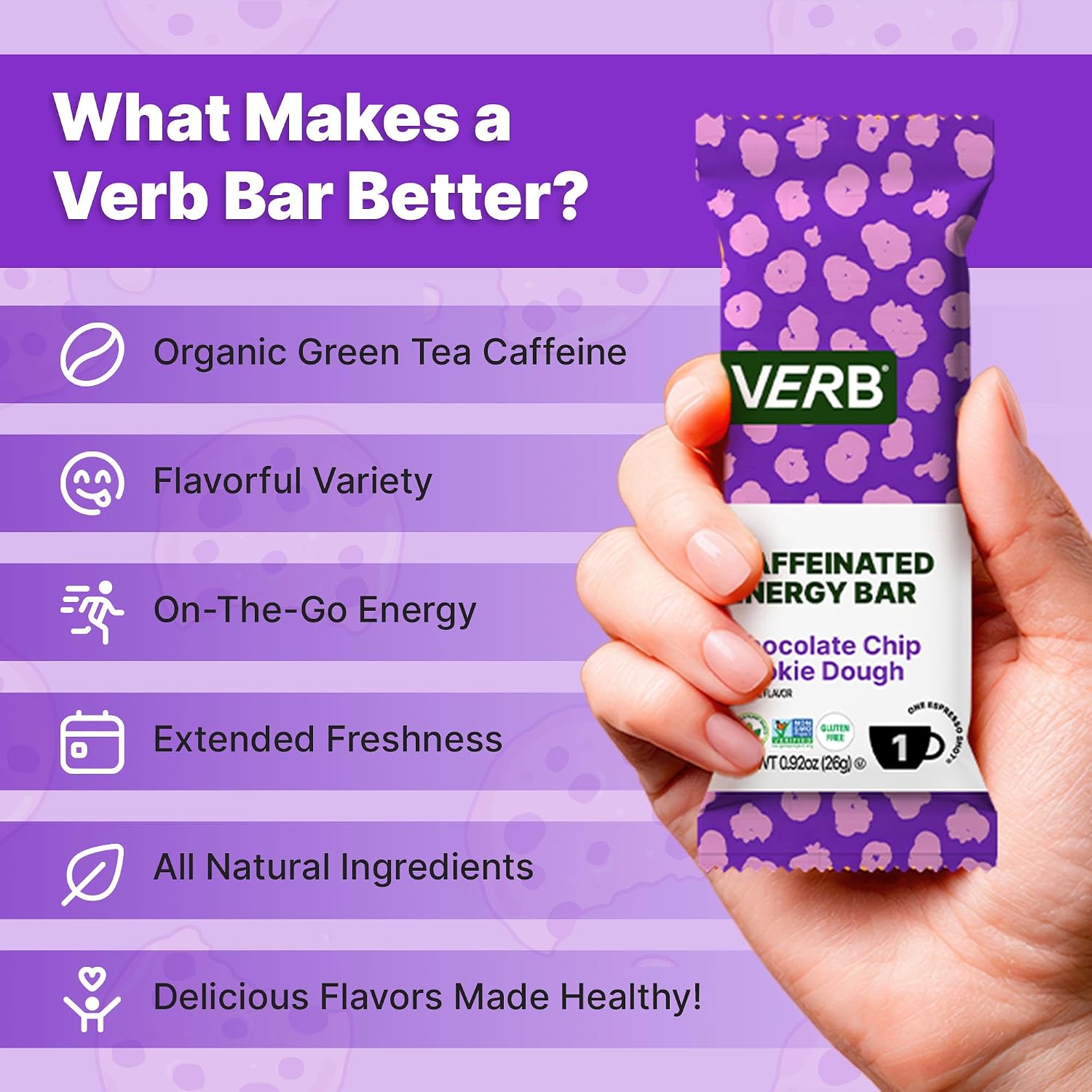 Verb Caffeinated Energy Bars Chocolate Chip Cookie Dough (26g, Pack of 16)