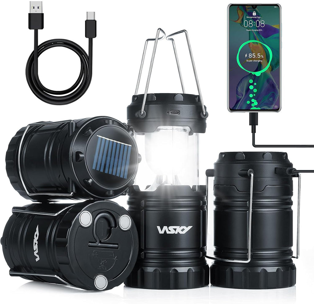 Wsky Solar Camping Lantern 4-Pack - Rechargeable LED Lights, Magnetic Base & Foldable Hanging Hook- Collapsible Lamp Battery Powered Perfect for Power Outages, Hiking, Campsites, Emergencies