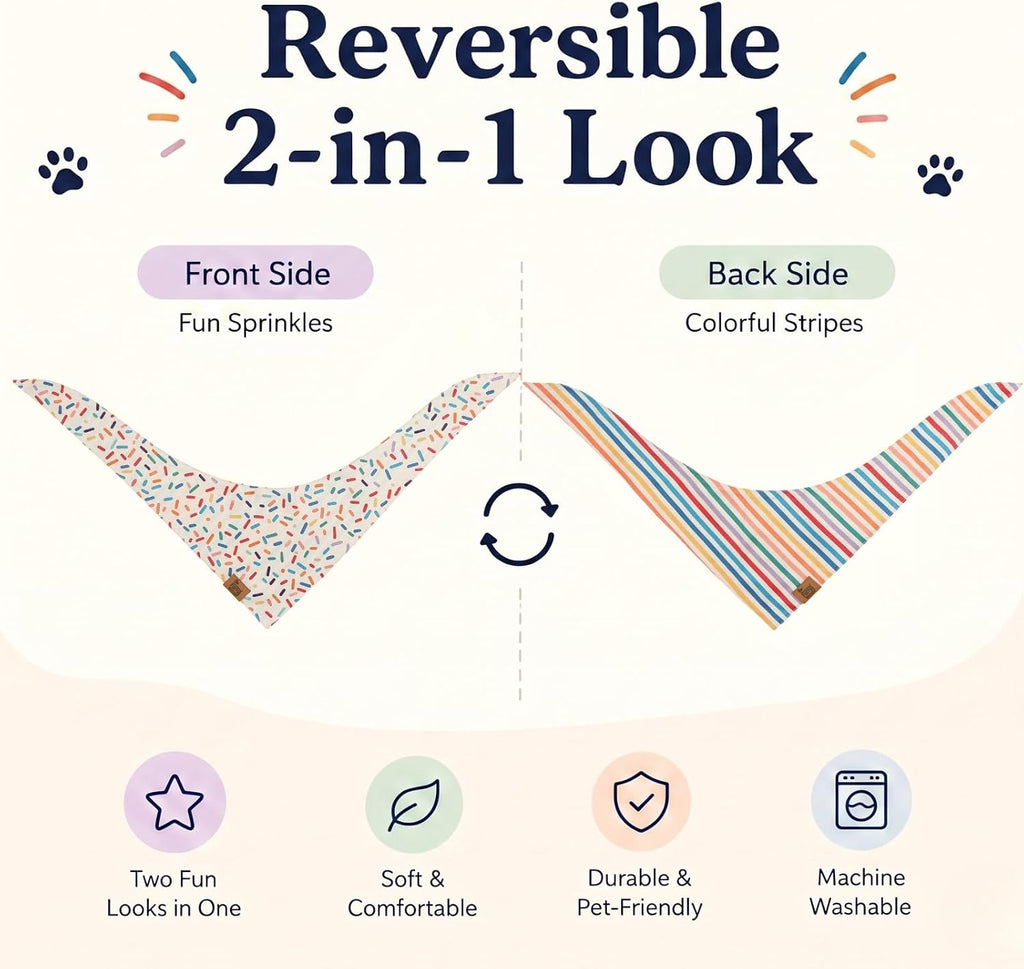 Dog Birthday Bandana, Reversible Soft Breathable Adjustable Pet Scarf for Medium & Large Dogs, Party Photo Outfit for Boy or Girl, Sprinkle and Stripe, Medium Fits Up to 18"