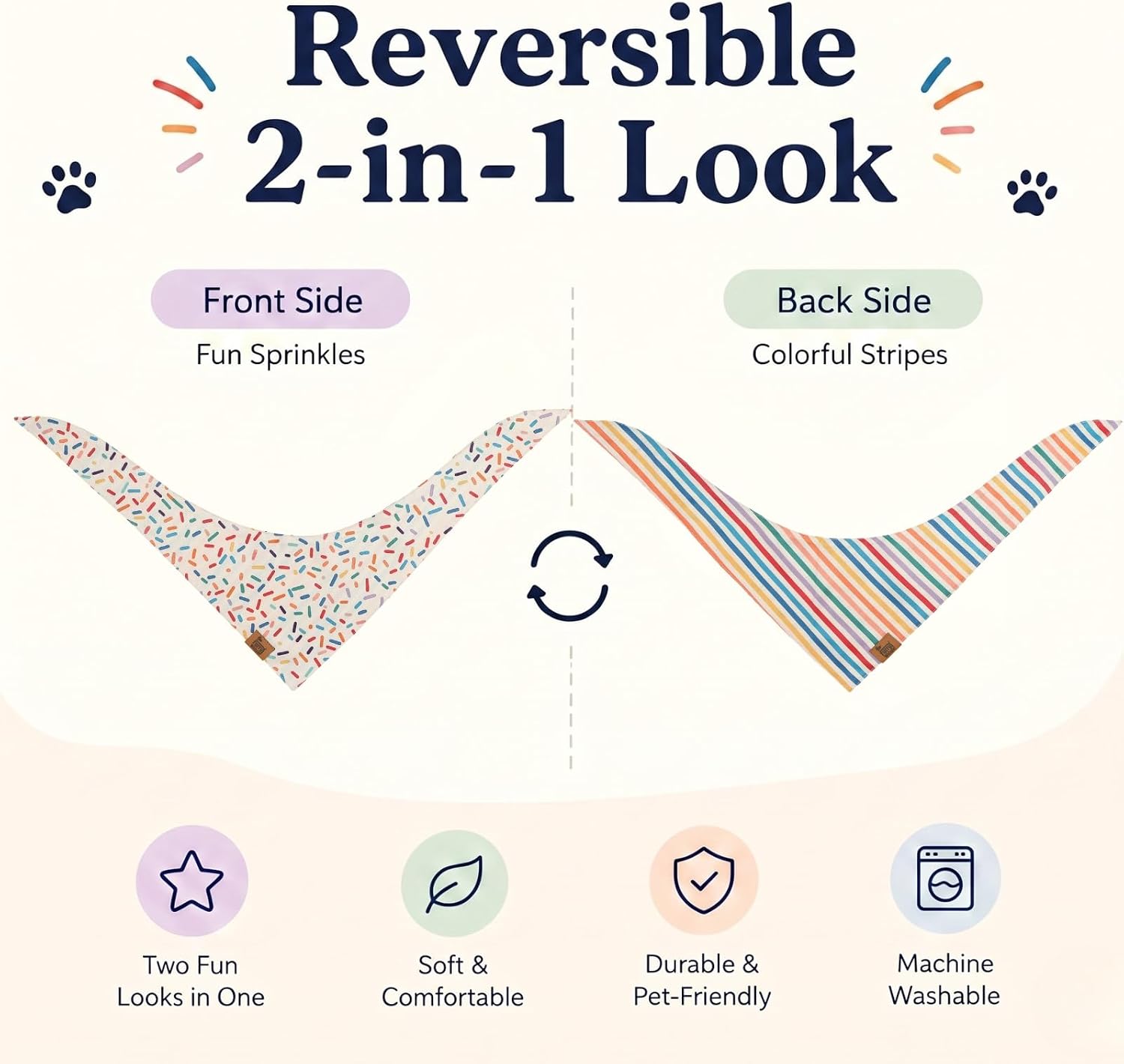 Dog Birthday Bandana, Reversible Soft Breathable Adjustable Pet Scarf for Medium & Large Dogs, Party Photo Outfit for Boy or Girl, Sprinkle and Stripe, Medium Fits Up to 18"
