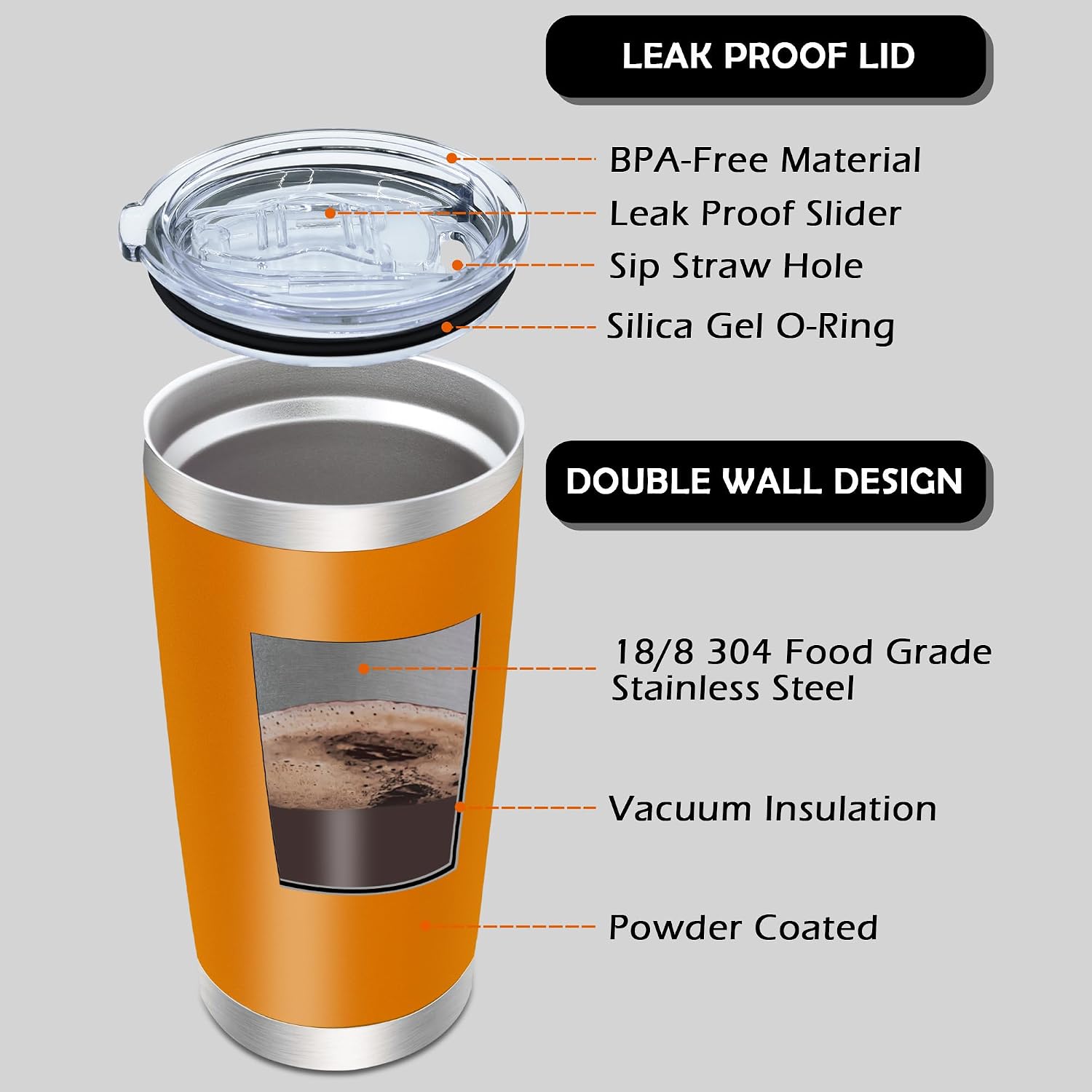 20oz Tumbler with Lid Stainless Steel Tumblers Insulated Mug Orange 6P