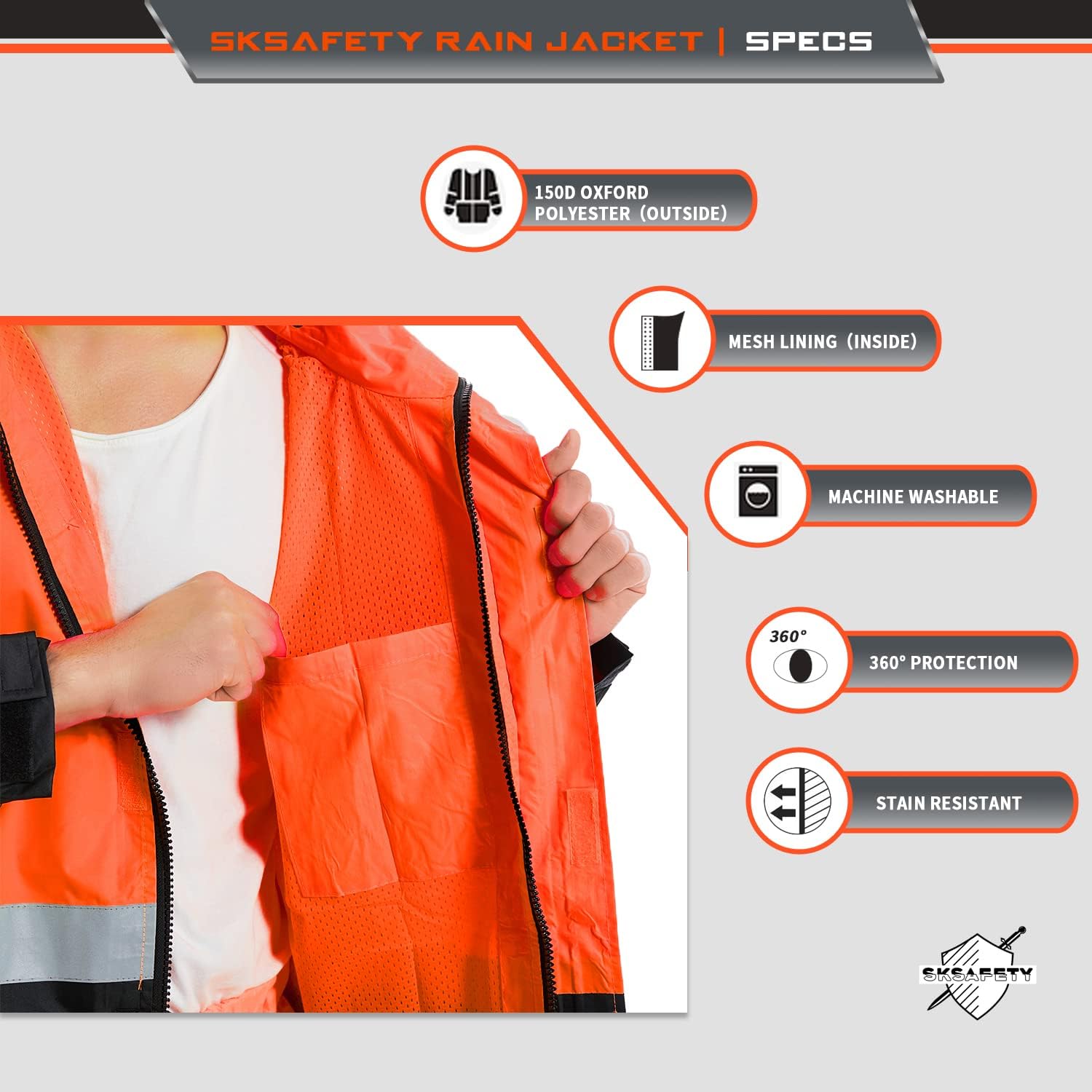 SKSAFETY Hi Vis Safety Rain Jacket for Men, Construction Work Rain Gear Heavy Duty Class 3 Rain Coat Waterproof Lightweight