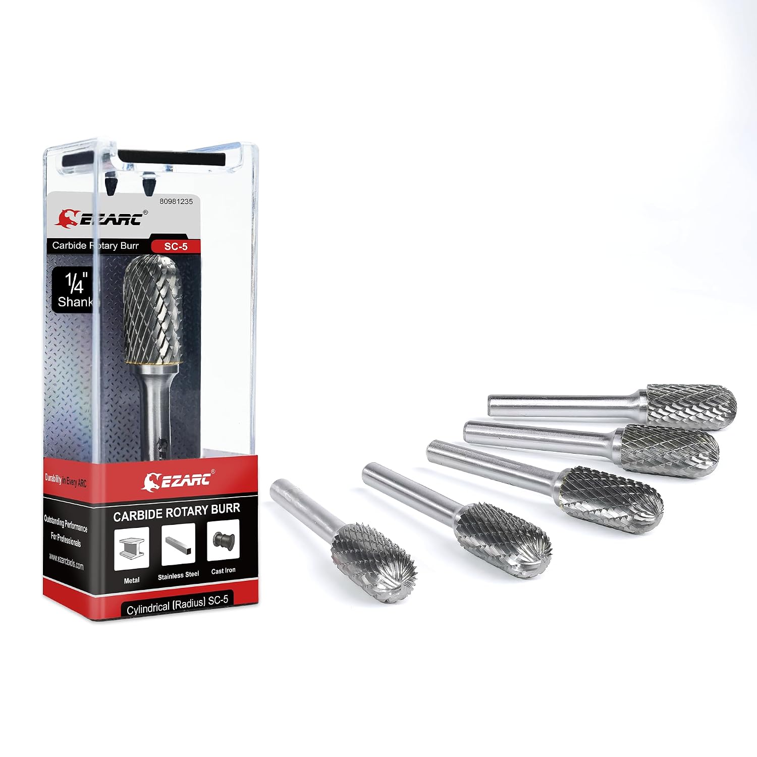 EZARC Tungsten Carbide Rotary Burr Set, 5PCS SC-5 Double Cut, 1/4" Shank