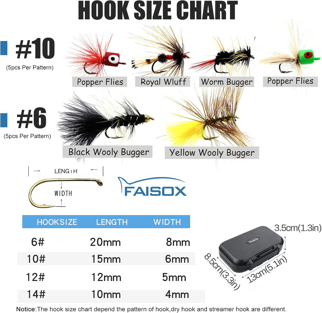 Fly Fishing Flies Assortment Kit Dry Wet Nyphms Tenkara Popper Streamer Woolly Bugger for Trout Bass Salmon Steelhead with Fly Box
