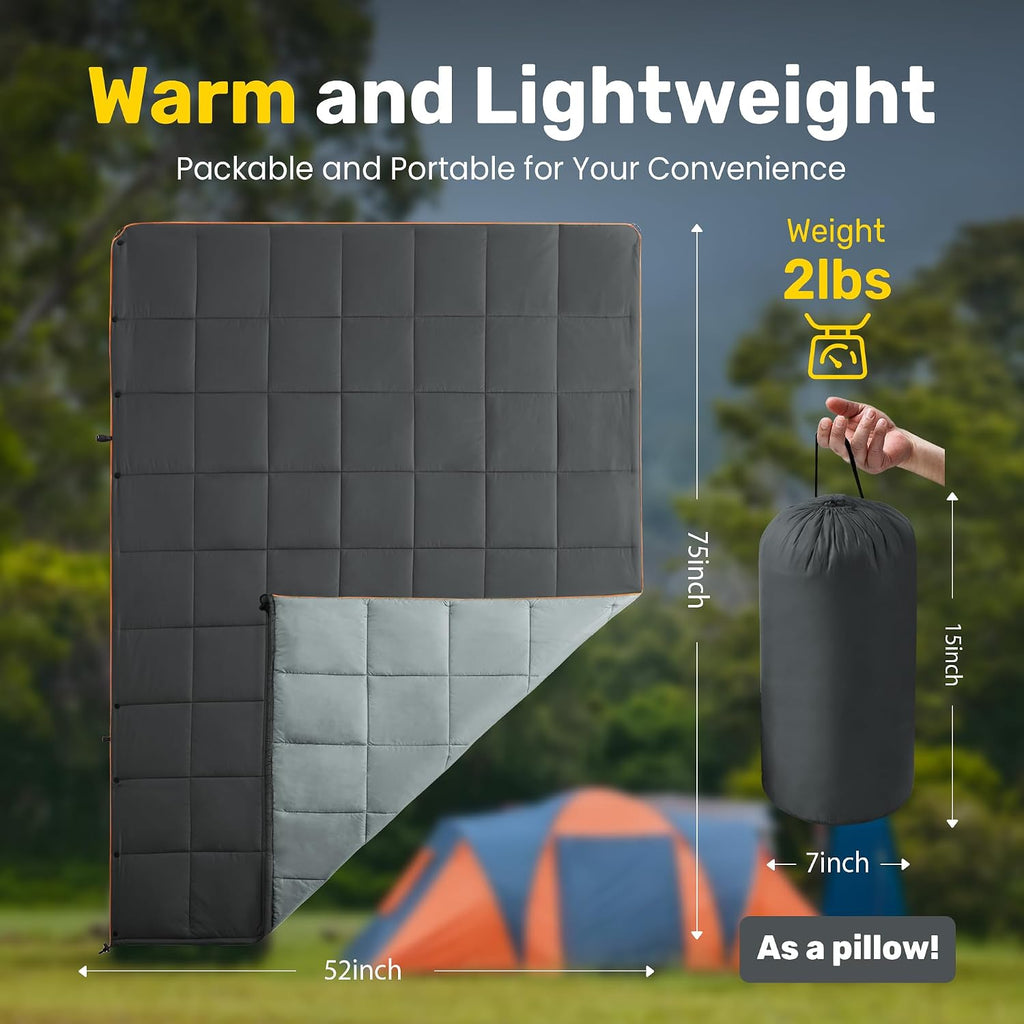 UNIKOME Puffy Camping Blanket,Packable Outdoor Quilt, 75"×52",Grey
