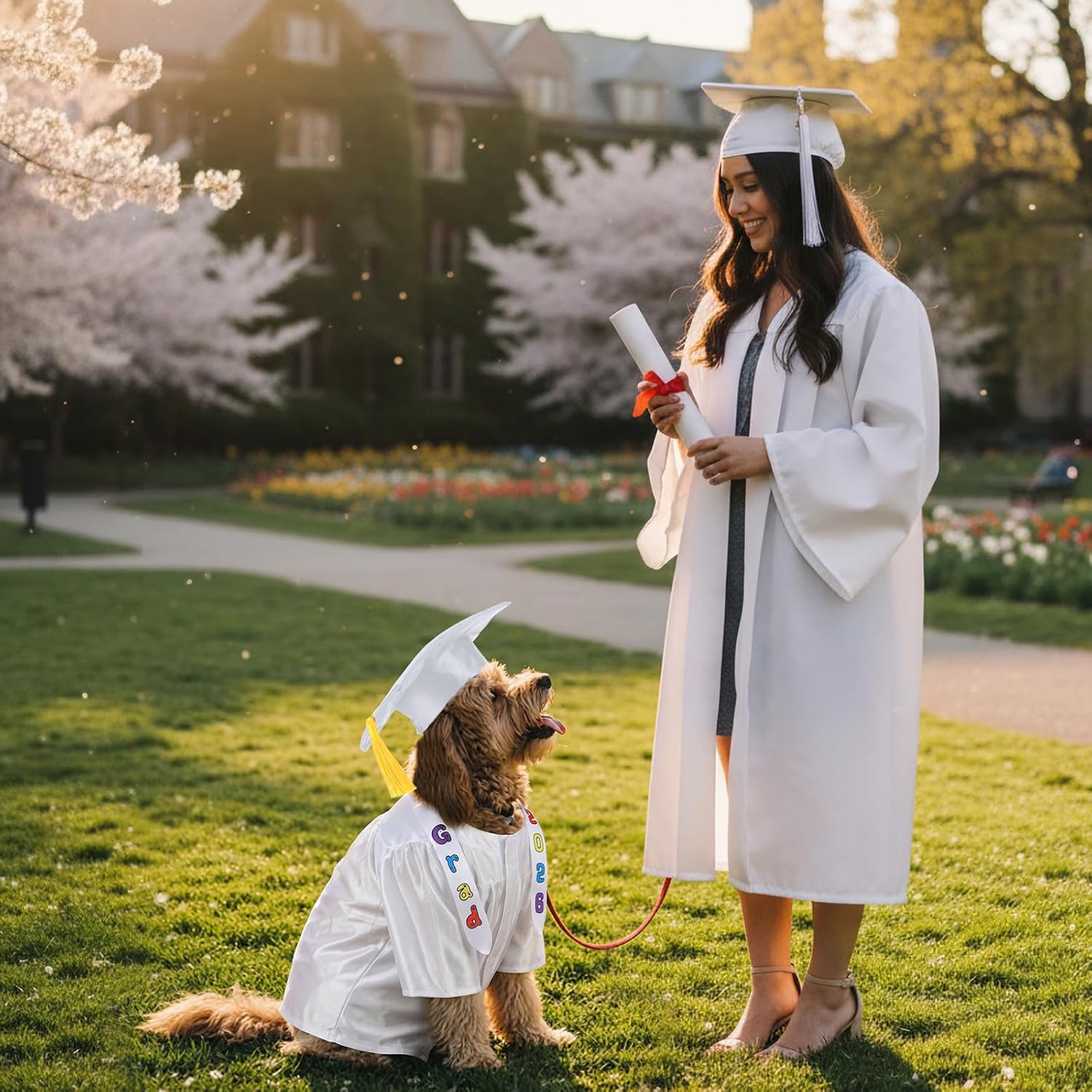 Chicingyou Small Dog Graduation Cap and Gown 2026 with Stole Washable Shirt and Hat Pet Graduation Gown Costume Outfit for Tiny Dog Little Cat Doll Clothes Holiday Halloween Costume Accessory (White)
