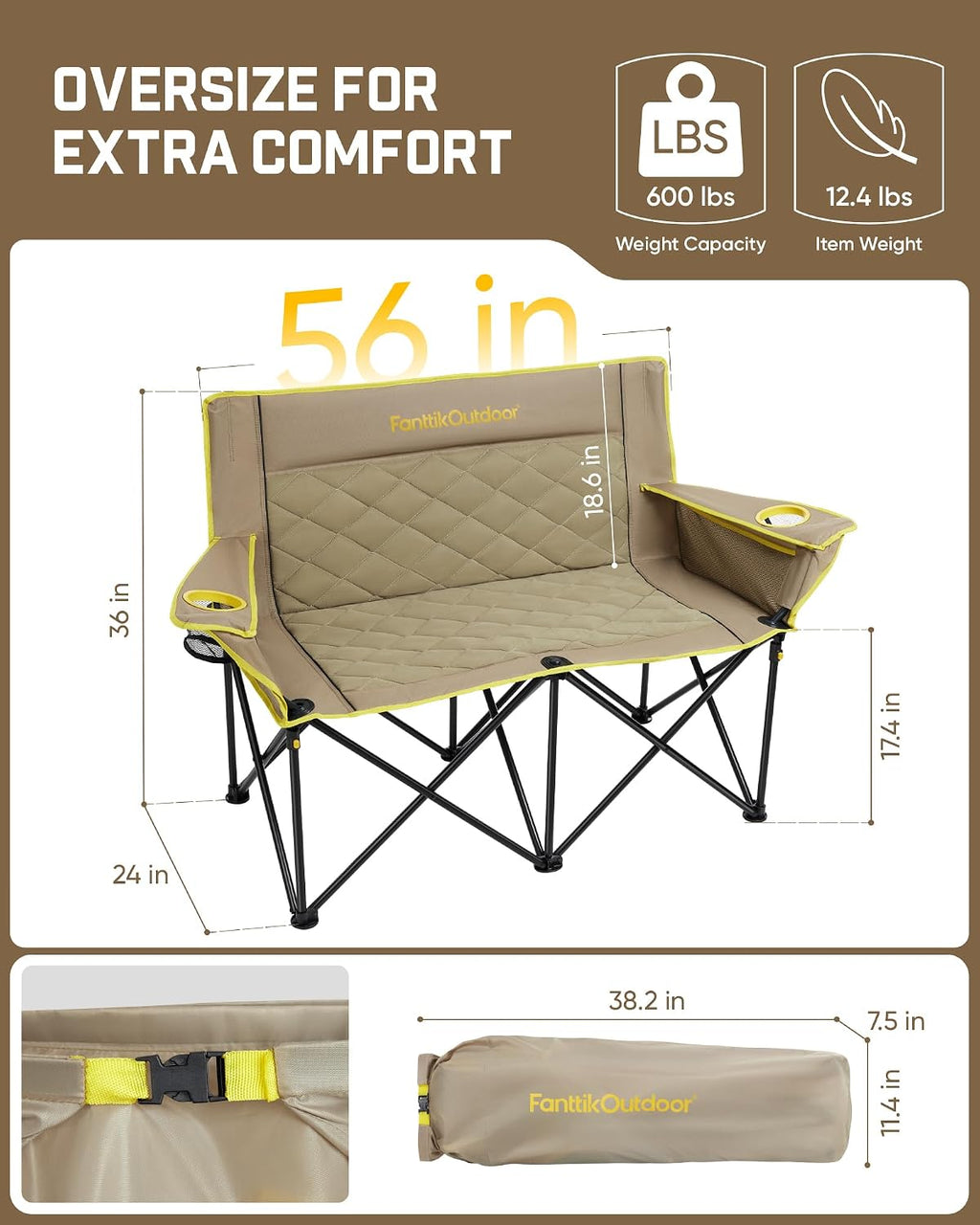 FanttikOutdoor Zeta L11 Duo Pro Double Camping Chair, 2 Person Portable Folding Couch, Up to 600 lbs, High Strength Loveseat with Cup Holder & Carry Bag for Travel, Patio, Games, BBQ, Backyard, Khaki