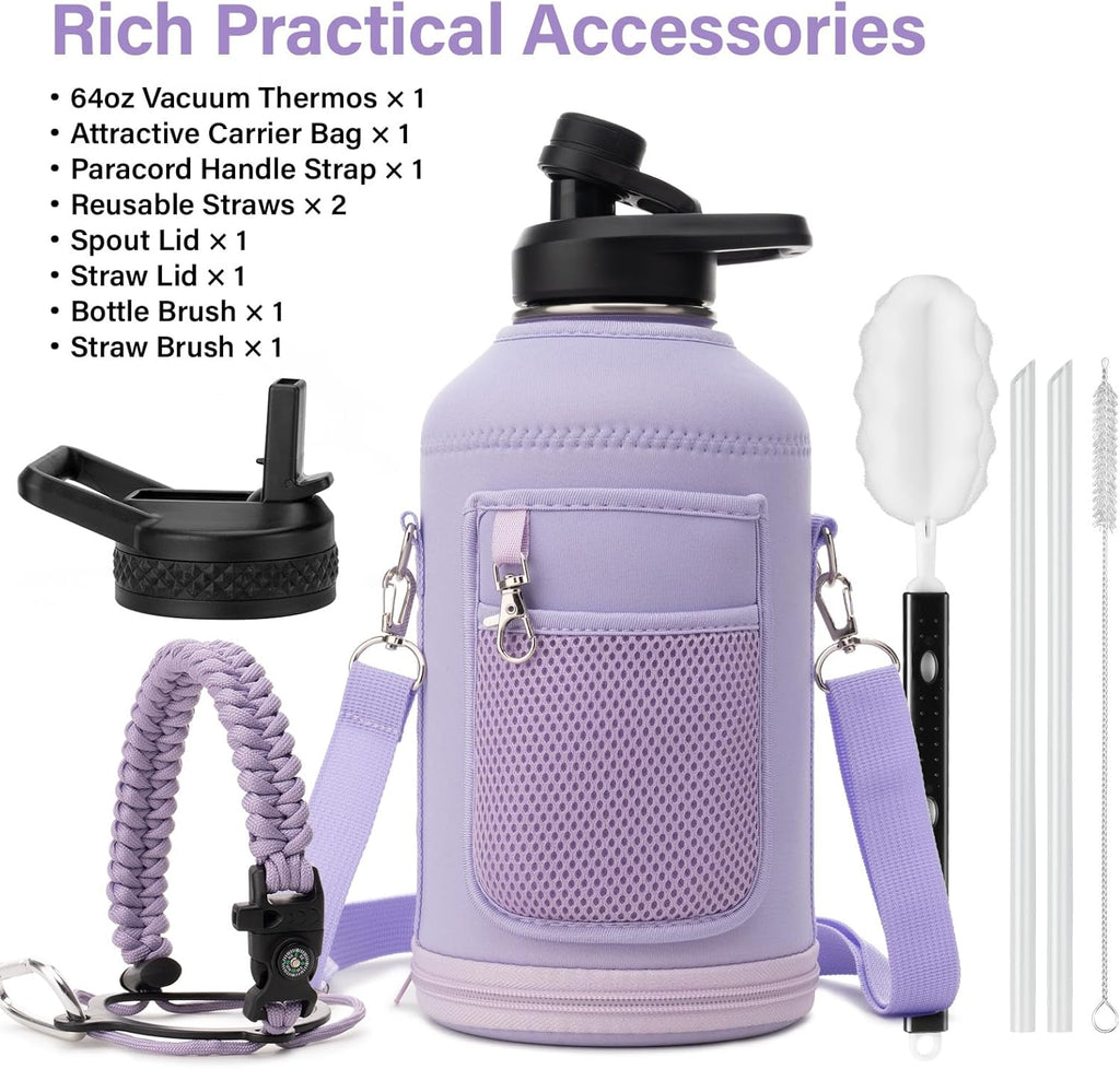 DYSANKY Insulated Water Bottle w/Straw Lid & Portable Carrier Bag, 64oz