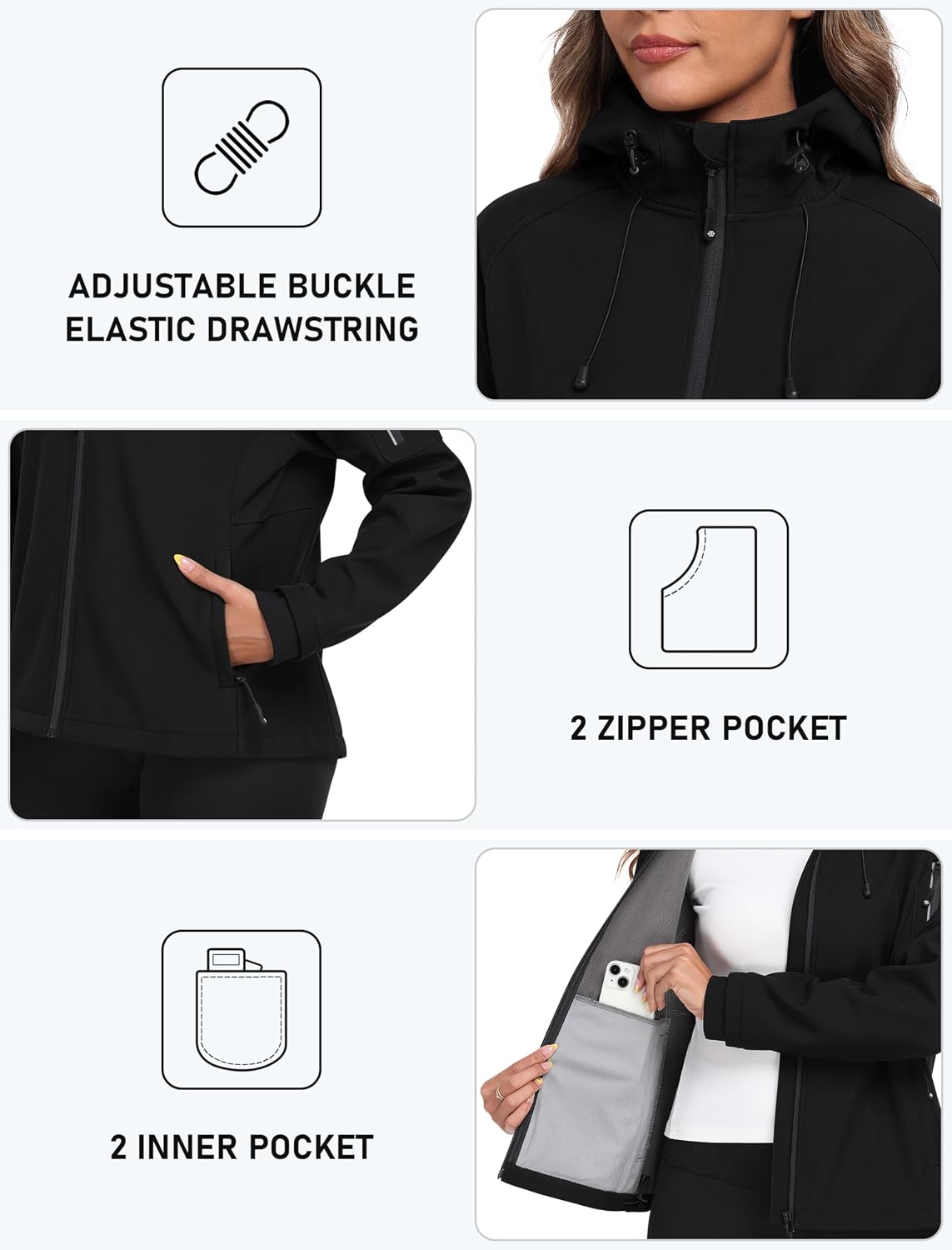 MoFiz Women's Softshell Jacket Waterproof Hooded Fleece Lined Rain Coat
