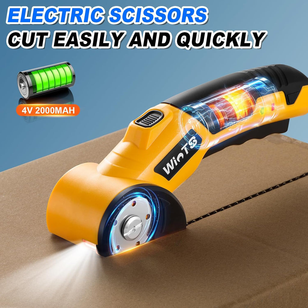 WINTS Cordless Electric Scissors,High-capacity 2000mah Battery 4V Cardboard Cutter with Safety Lock & LED Light, Rechargeable Rotary Cutter for Box Carpet Plastic Fabric With 2 Blades (Yellow)