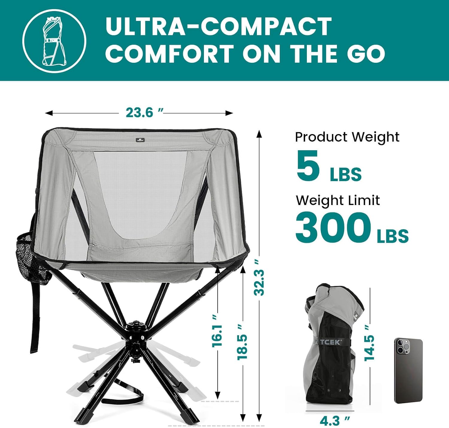 TCEK Portable Camping Chair - SwivelCore 180 Swivel & Auto-Return, Small Compact Lightweight Folding Chairs for Adults, Outdoor Backpack Chair for Adventures, Setup in Seconds, Support 300 LBS