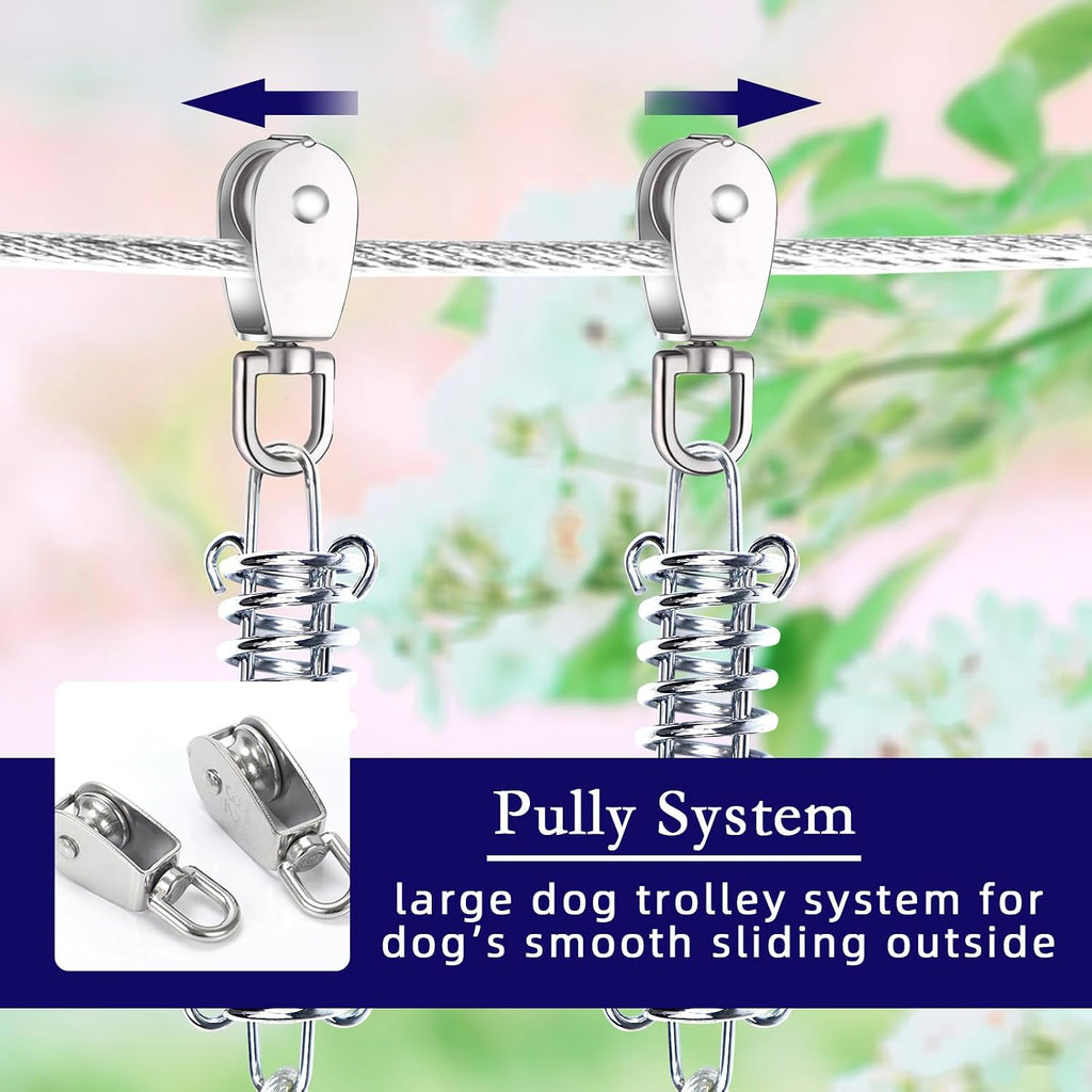 Dog Tie Out Runner for Yard,Trolley System for Large Dogs,Heavy Duty Dog Run Cable Lead 50ft with 10ft Pulley Runner Line for Small Medium and Large Dogs Up to 250lbs Running Outside Yard or Camping