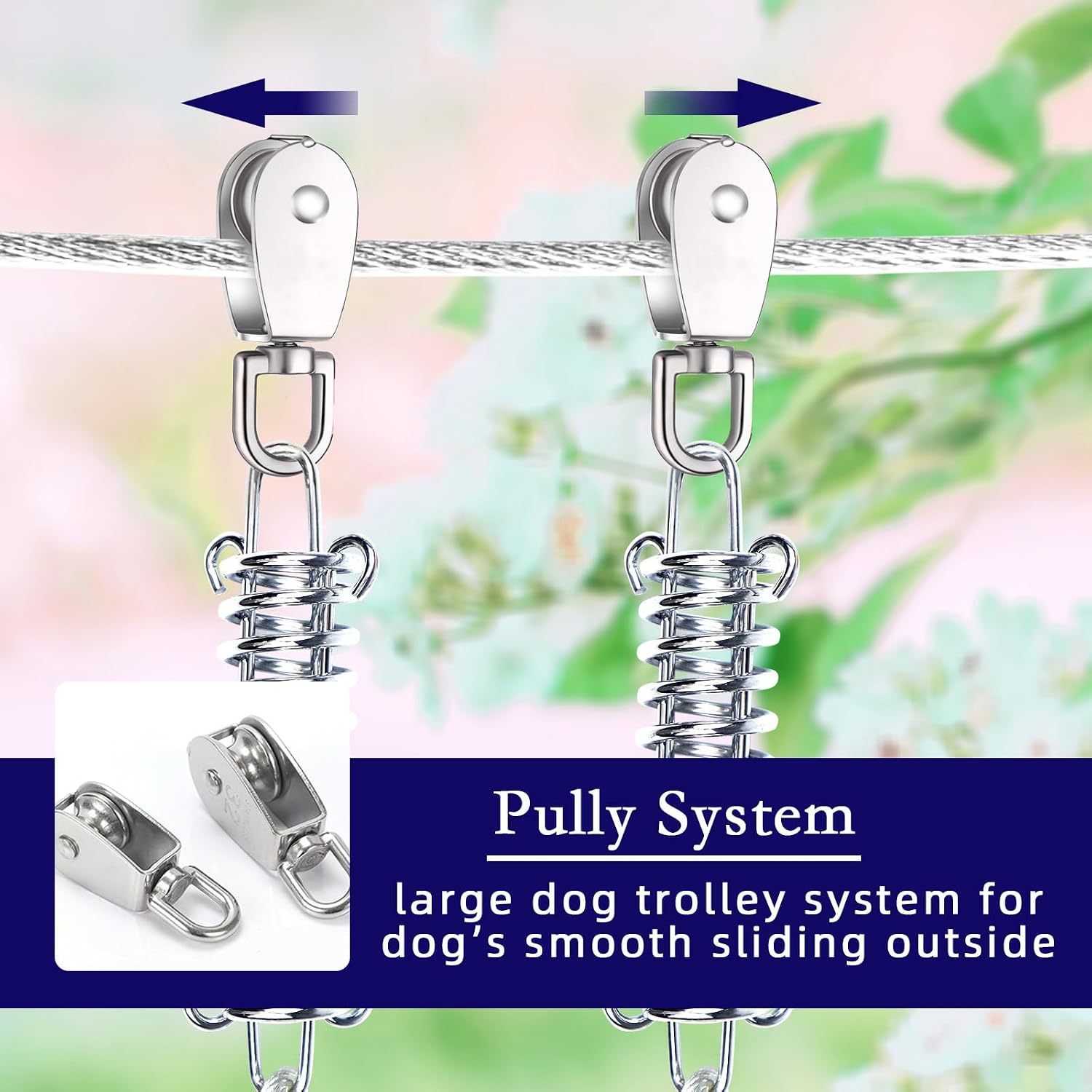 Dog Tie Out Runner for Yard,Trolley System for Large Dogs,Heavy Duty Dog Run Cable Lead 50ft with 10ft Pulley Runner Line for Small Medium and Large Dogs Up to 250lbs Running Outside Yard or Camping