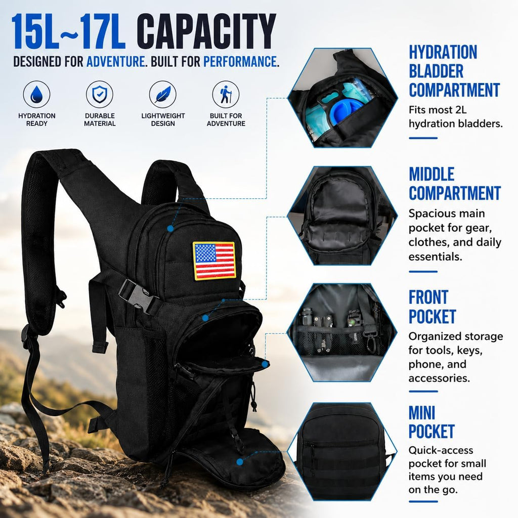 Tactical Hydration Backpack 2L Water Bladder - Lightweight Durable Pack for Hiking, Running, Outdoor Adventures, Adjustable Straps & Leak-Proof Design