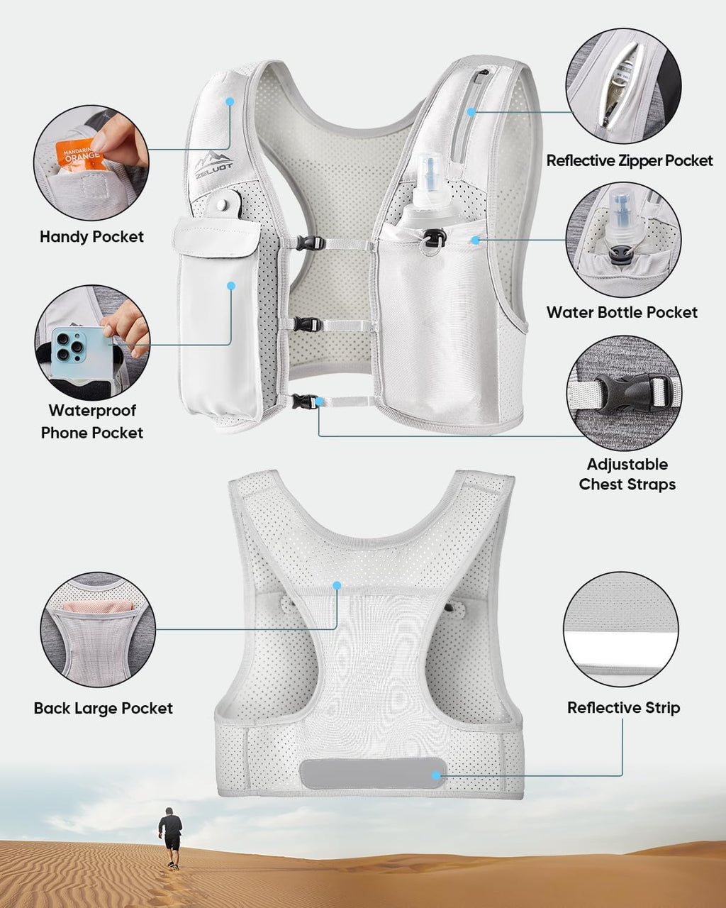 Zelvot Running Vest for Women Men, Touchscreen Phone Pocket