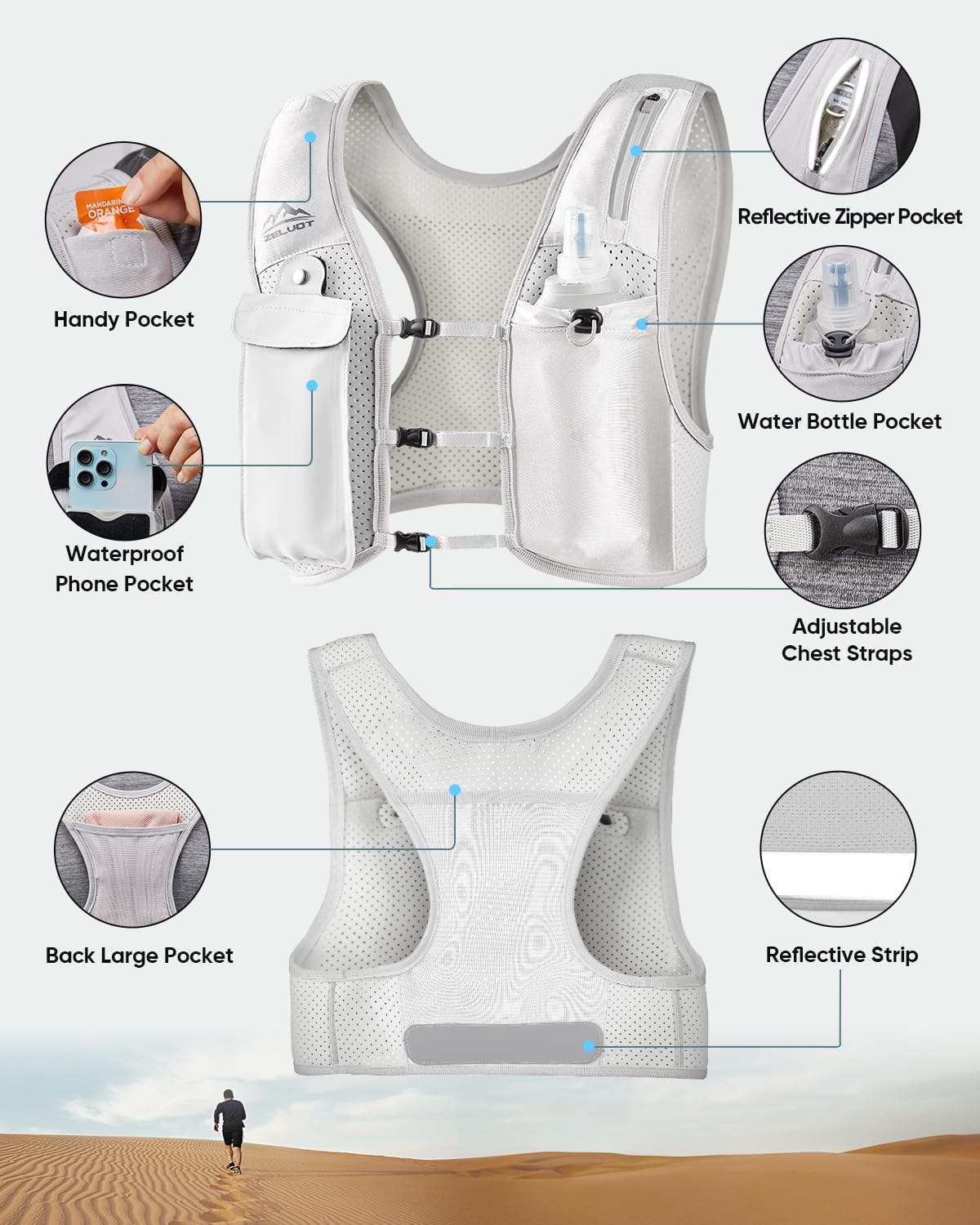 Zelvot Running Vest for Women Men, Touchscreen Phone Pocket