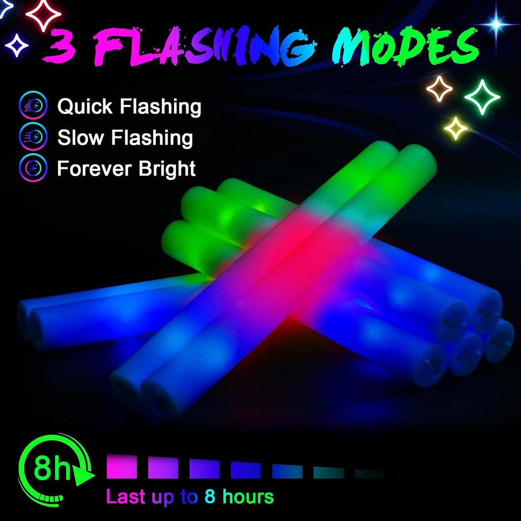 wellent 64 Pack Foam Glow Sticks, Bulk LED Foam Sticks, Foam Light Up Sticks with 3 Mode Colorful Flashing, Glow Party Supplies, Glow Sticks Bulk Party Pack for Wedding, Birthday, Concert, Halloween