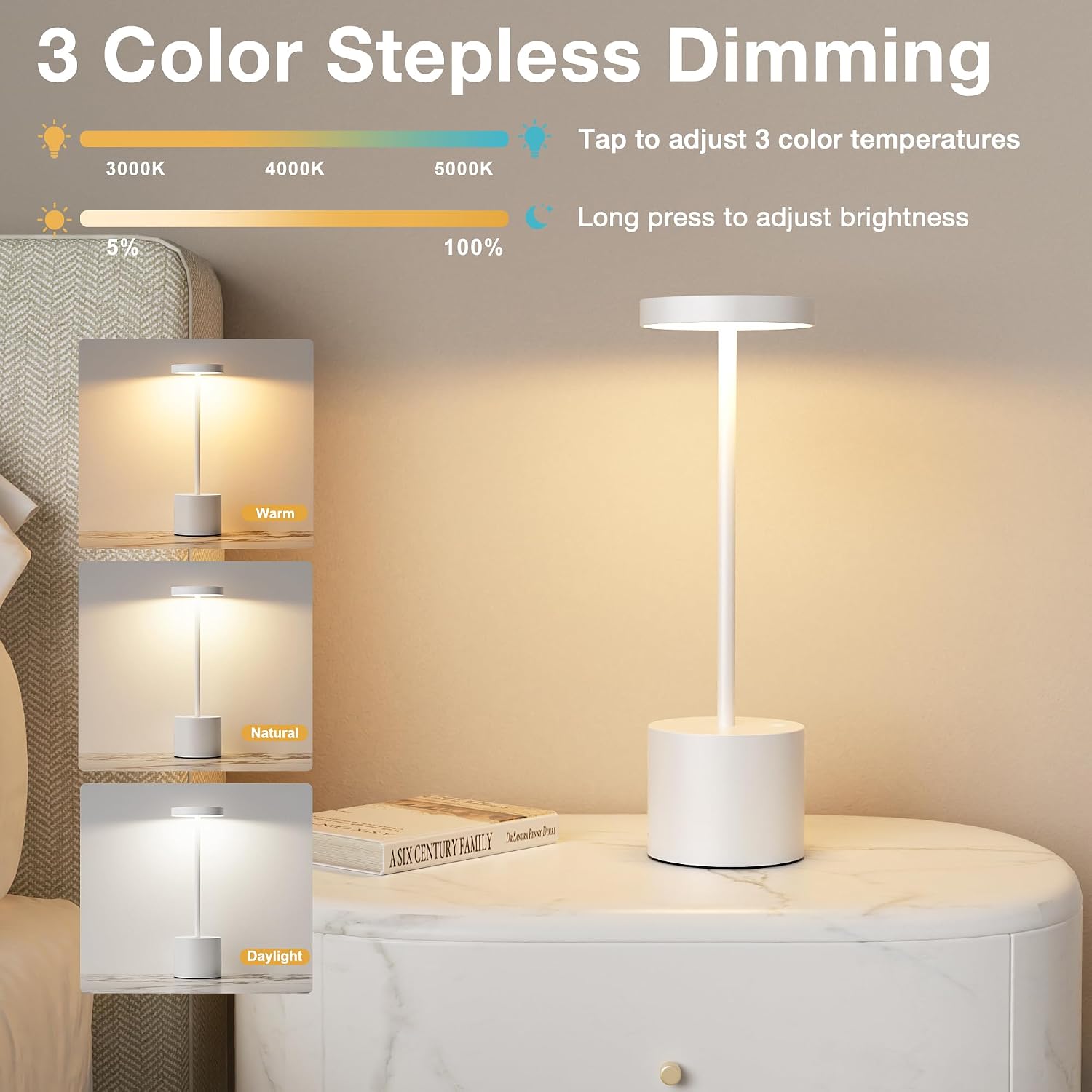 Kakanuo White Cordless Lamp Set, Rechargeable Lamp, 3 Color Temperature, LED Outdoor Wireless Lamps, Battery Operated Lamps, Stepless Dimmable, Touch Control